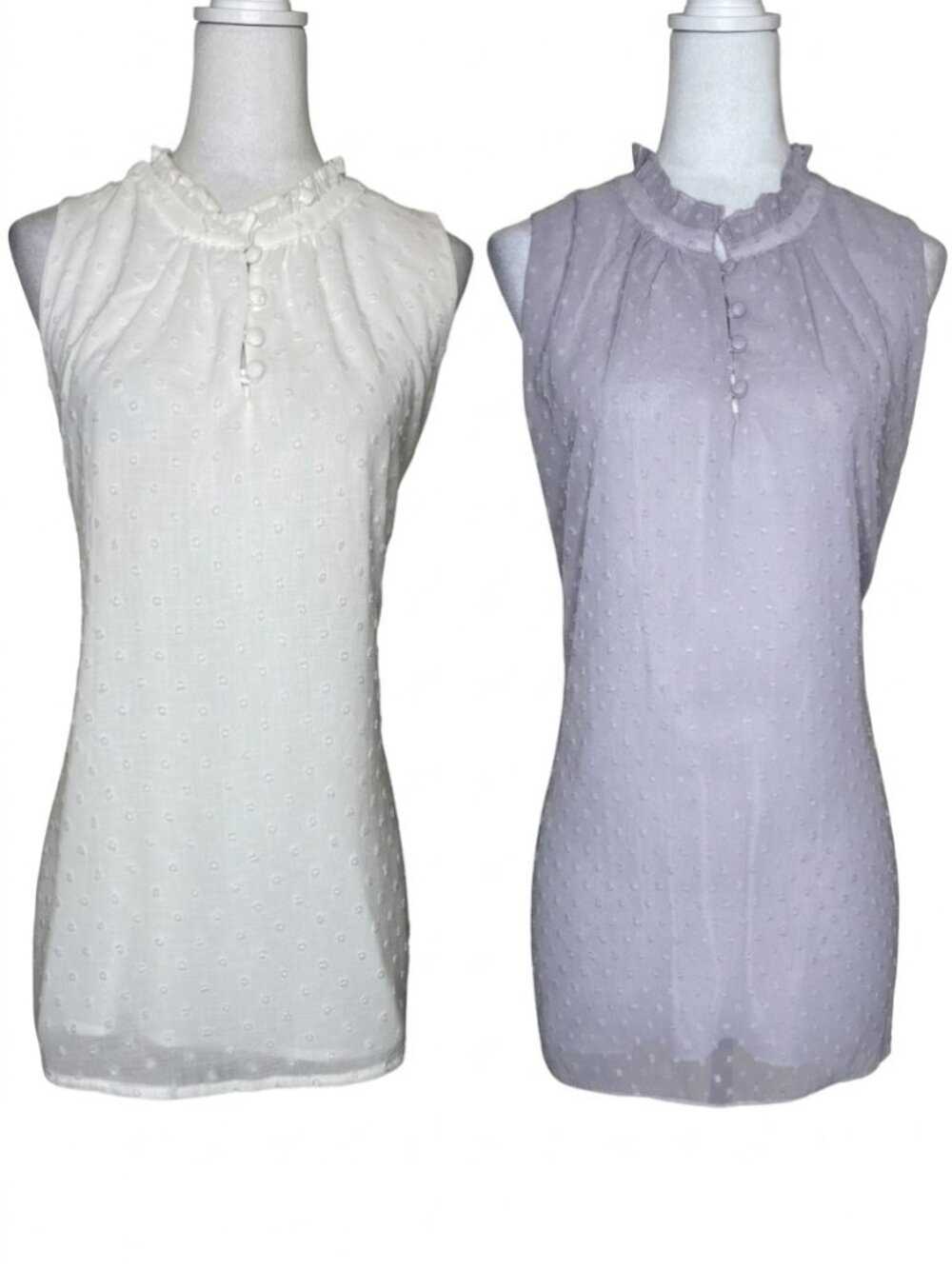 Gibsonlook XL Swiss Dot Bundle White & Lilac Ruffle Neck Sleeveless Blouse Set